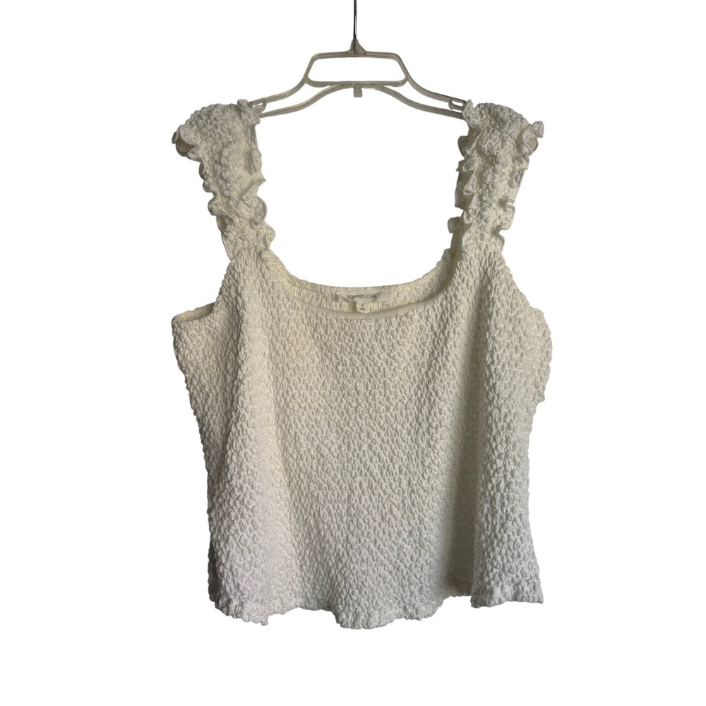 Shabby Chic White Popcorn Smocked Ruffle Strap Tank Top Blouse Large S21K2122R